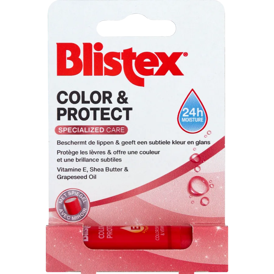 Frontale verpakkingsfoto van Blistex Color & Protect op een rustige achtergrond