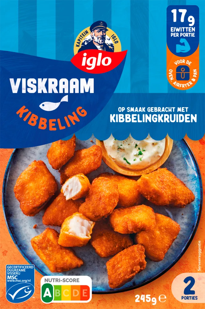 Verpakkingsfoto van Iglo Viskraam Kibbeling, frontaal op een rustige achtergrond