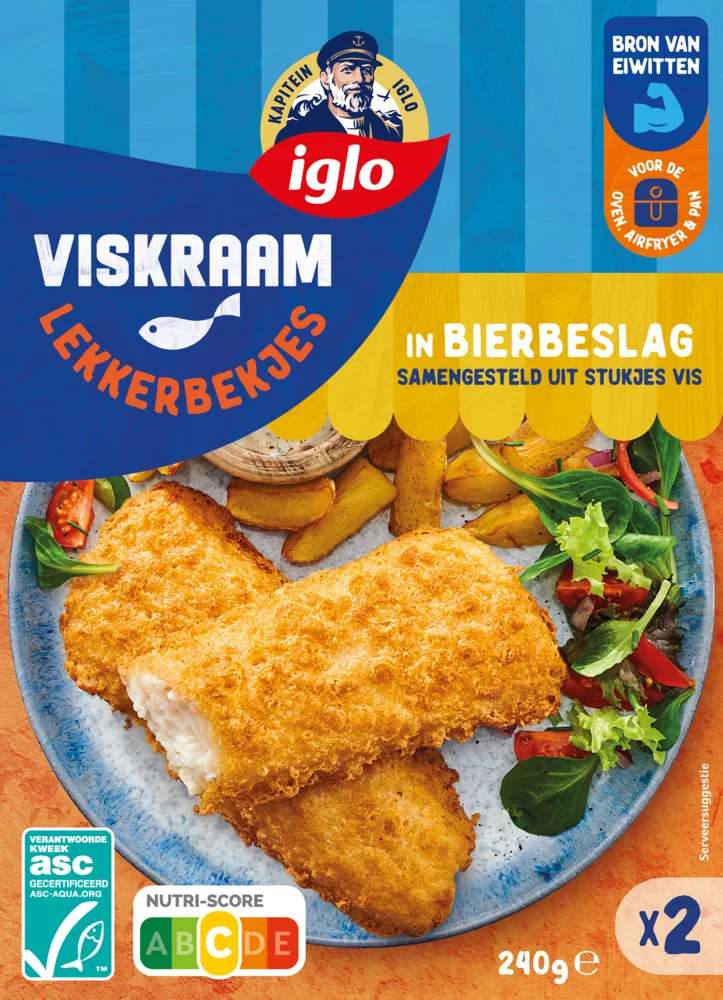 Standaard verpakkingsfoto van Iglo Viskraam Lekkerbekjes: eiwitclaim, bereidingsbadge, samenstellingsregel en gewicht staan er allemaal op