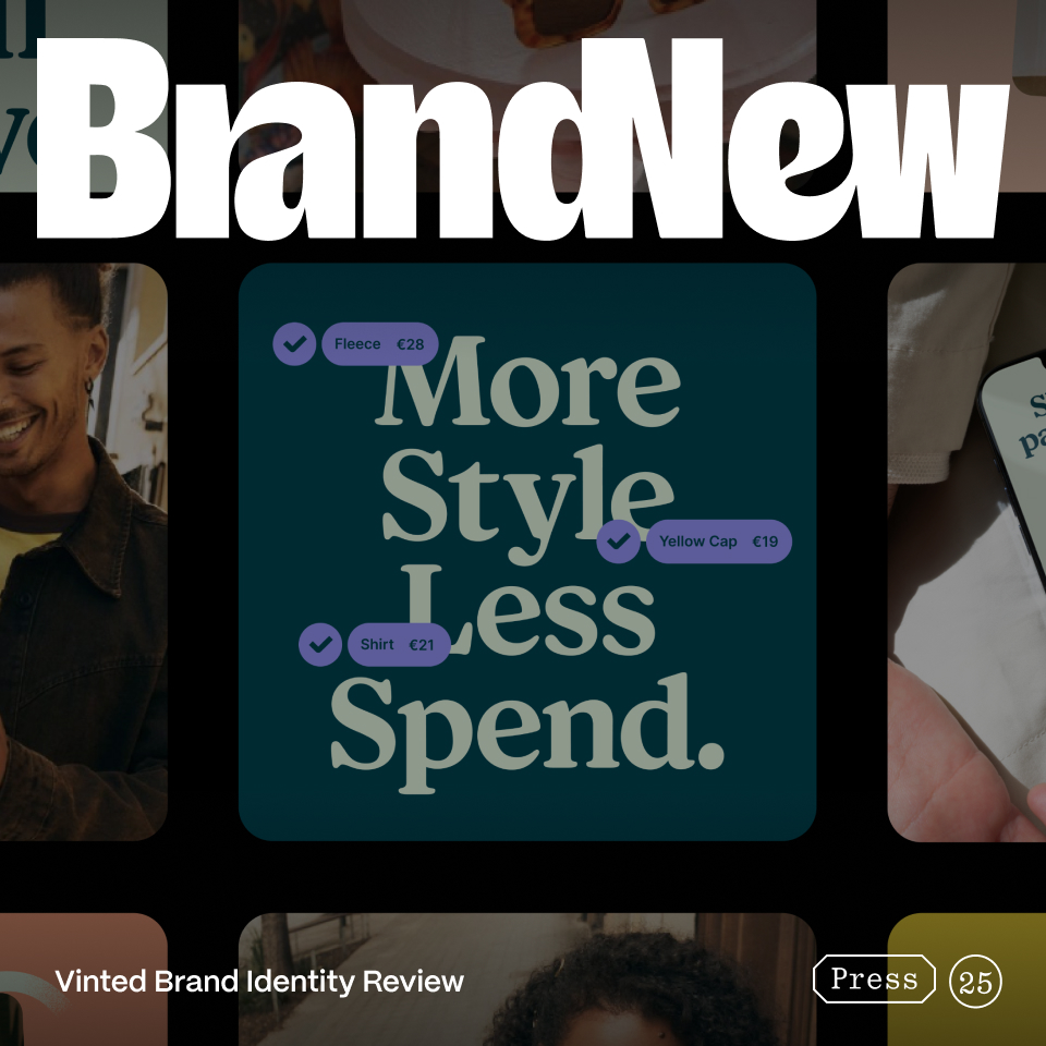 Under Consideration Brand New logo superimposed over Studio Kiln's Vinted brand refresh work.