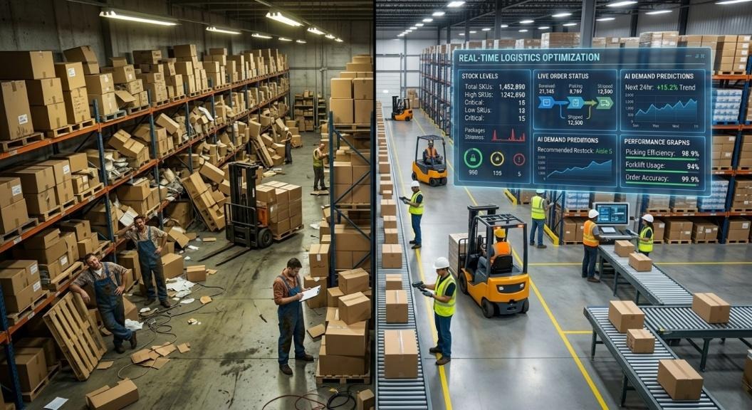 Split-screen: disorganized vs digitally optimized warehouse with inventory dashboard.