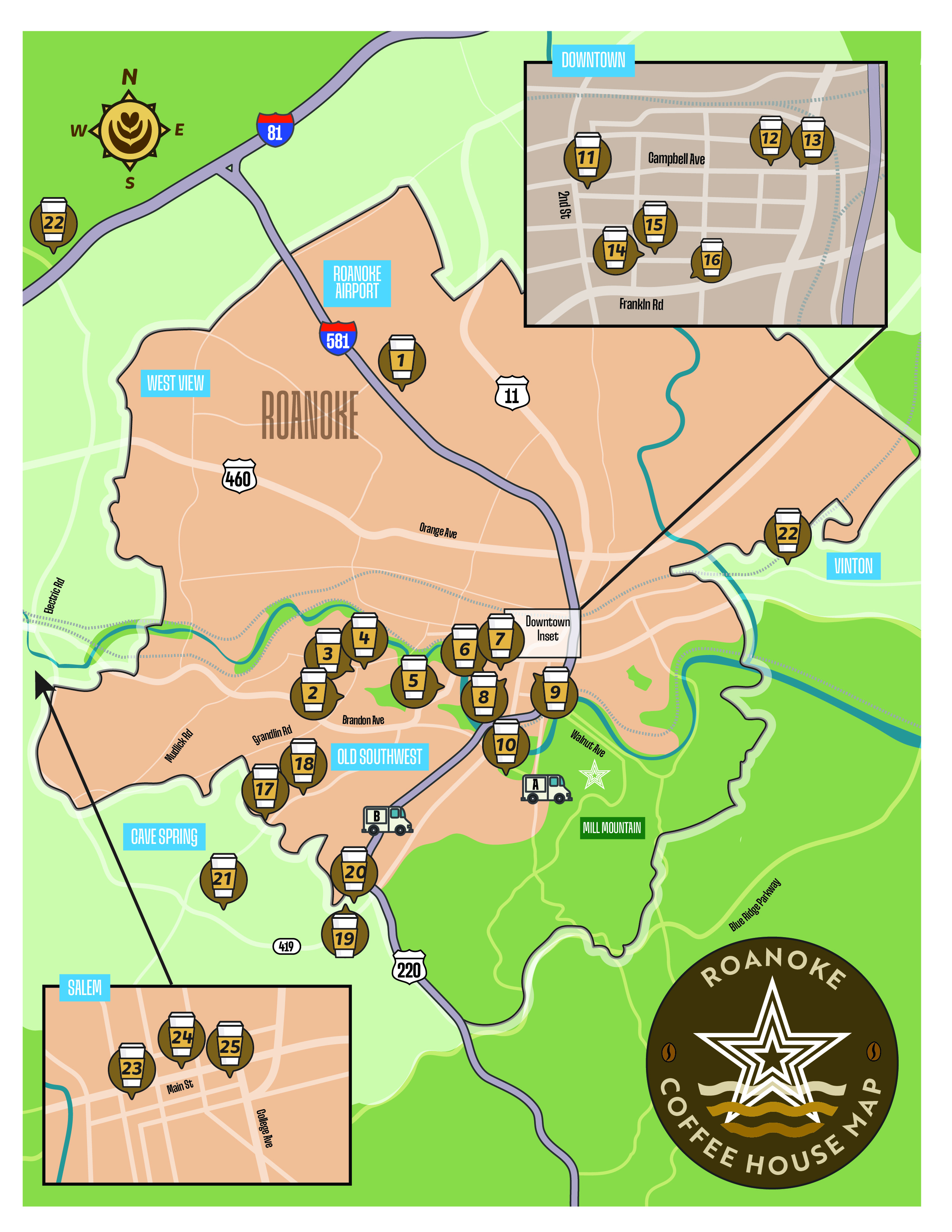 coffee house map of Roanoke, Virginia
