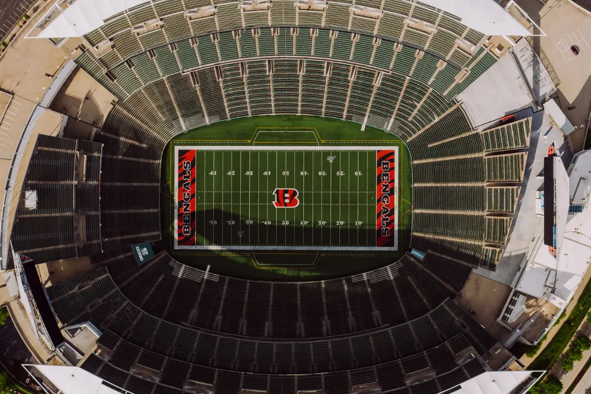 NCAA fantasy gaming represented by an aerial view of the Cincinnati Bengals football stadium