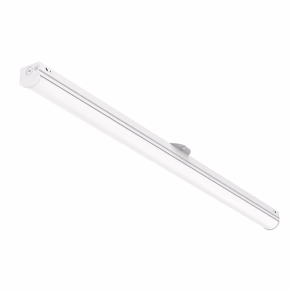 Sleek, white LED linear ceiling light fixture with rounded edges and mounting bracket.