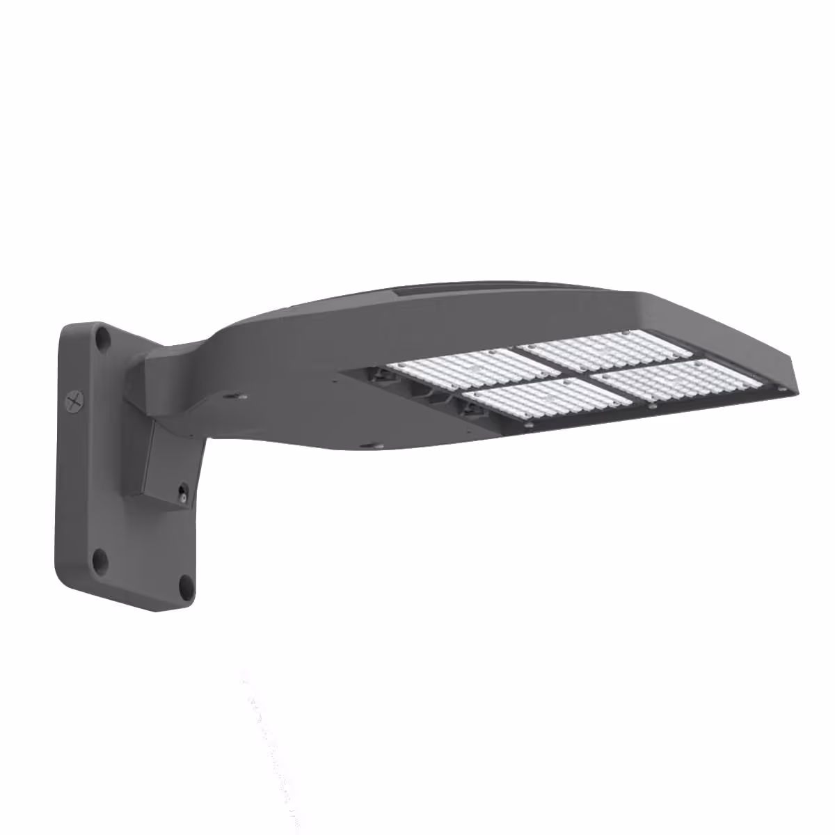 Modern gray LED outdoor wall-mounted security light with four rectangular LED panels.