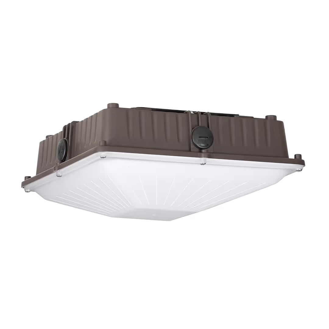 Square outdoor LED ceiling light fixture with brown housing and white diffuser panel.