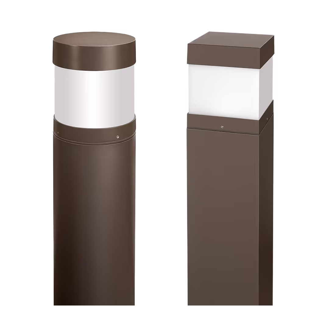 Two brown outdoor bollard lights, one cylindrical and one rectangular, with white translucent light diffusers.