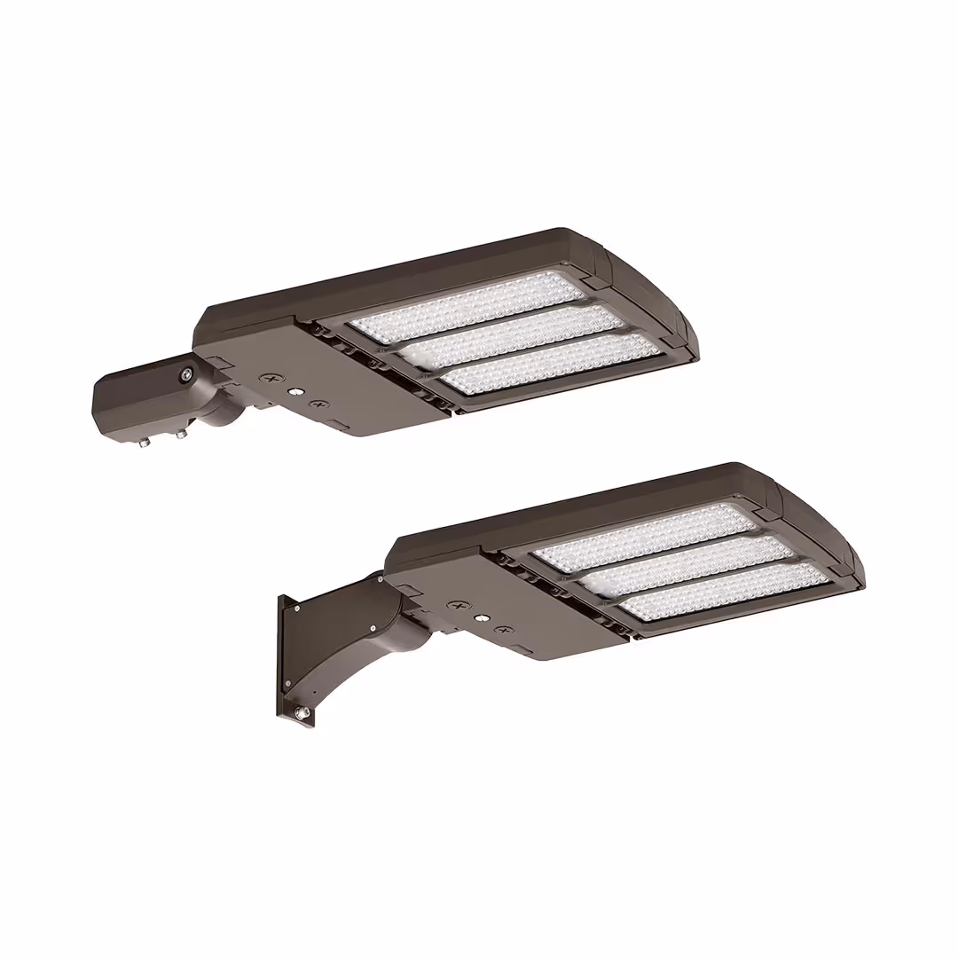 Two rectangular LED street lights with dark gray mounting fixtures isolated on white.