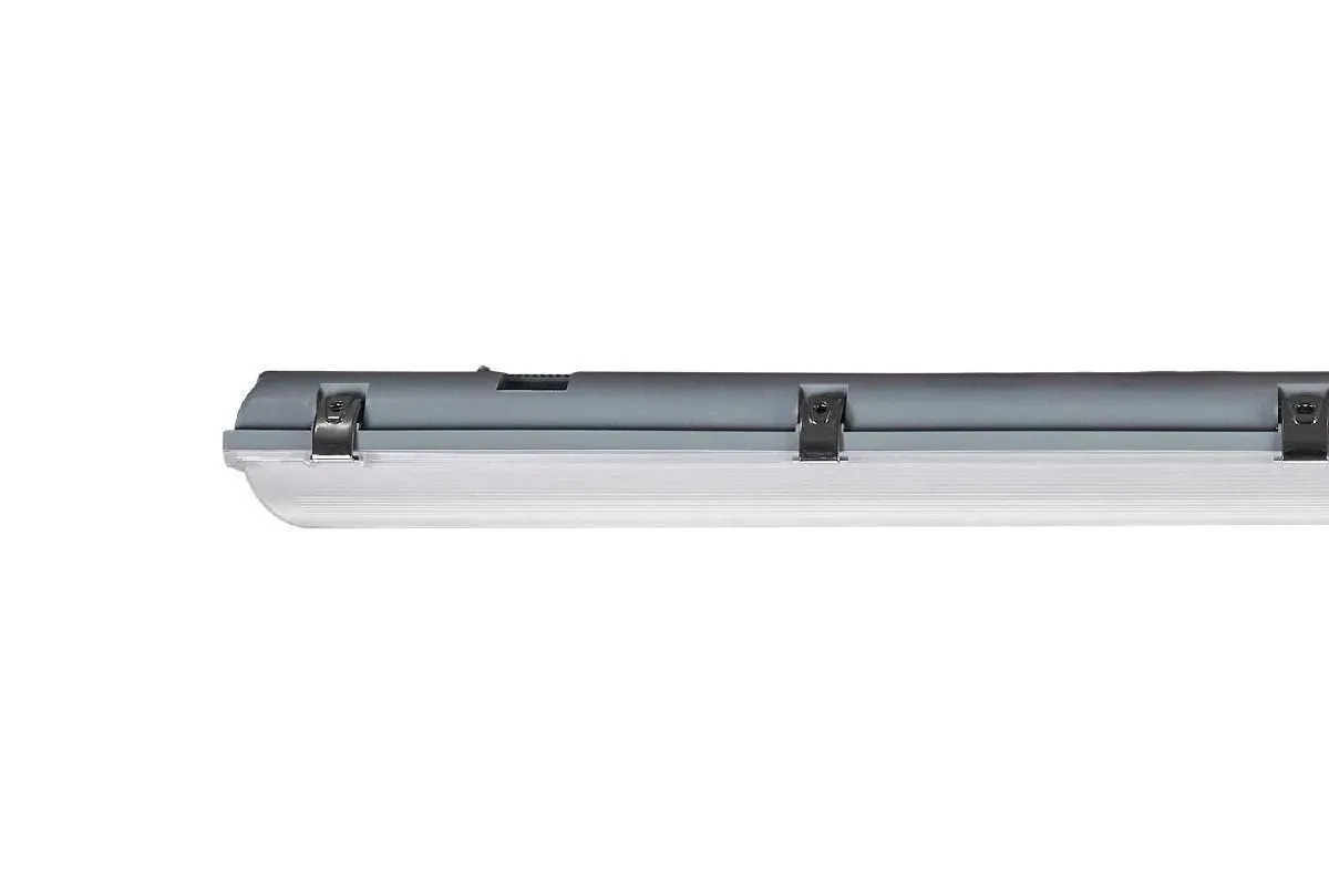 Industrial LED vapor tight ceiling light fixture with metal clips and frosted diffuser.