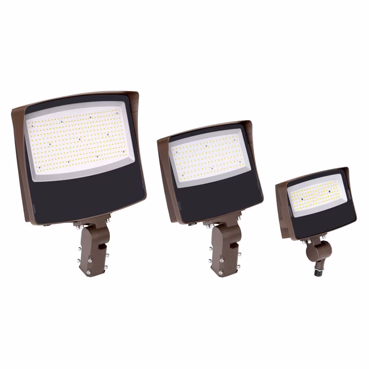 Three brown outdoor LED floodlights of different sizes with adjustable mounts, shown against a white background.