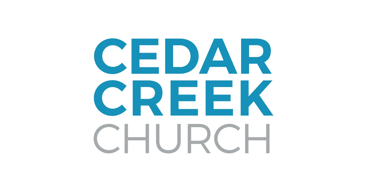 Text logo for Cedar Creek Church with blue and gray uppercase letters on a white background.