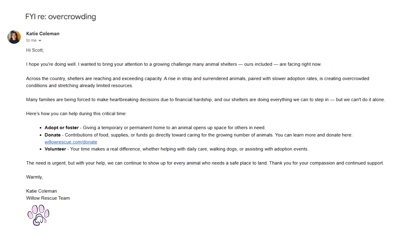 A screenshot mockup of an engaging nonprofit email with a personal story and call to action.