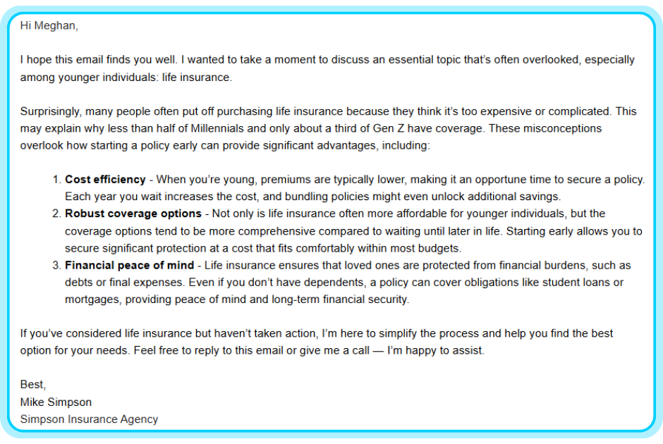 A screenshot of a short, personal email message about life insurance after a client life event.