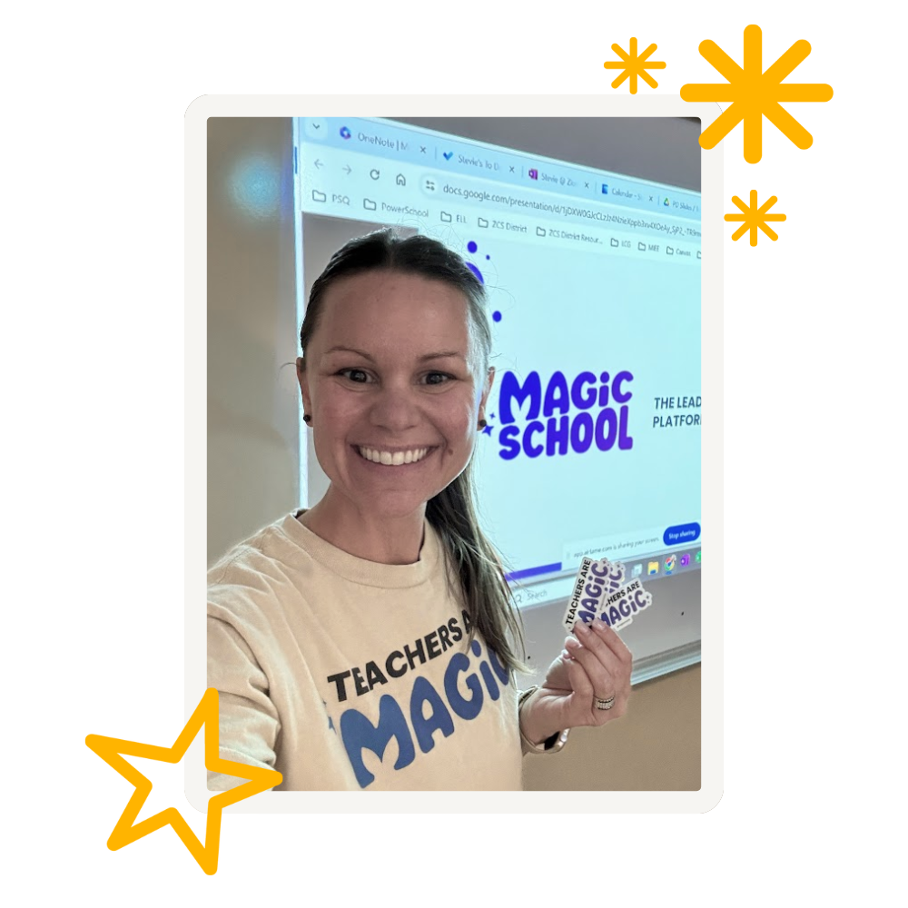 teacher posing in front of a whiteboard with MagicSchool logo on it