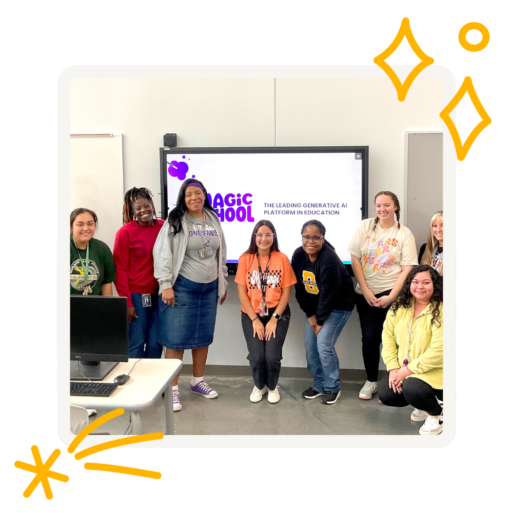 teachers standing in front of a MagicSchool presentation screen