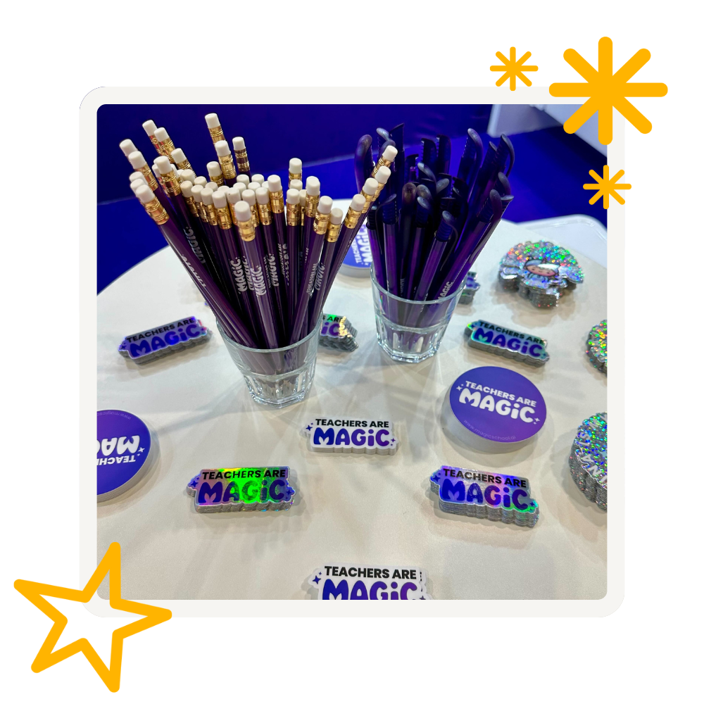 MagicSchool swag on a table: stickers and pencils