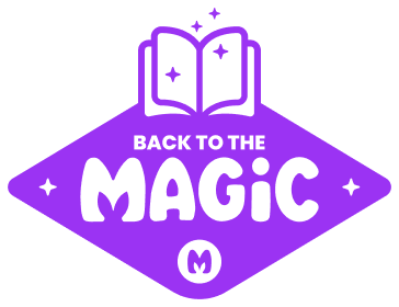 Logo: Back to the Magic. Purple with book icon.