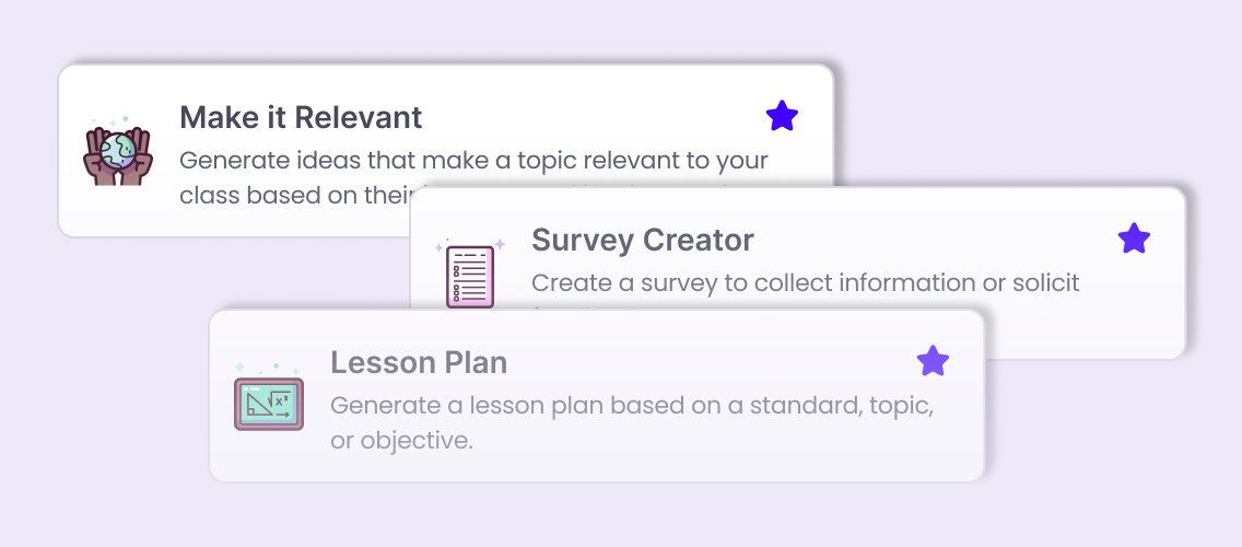 Images of 3 tools: Make it Relevant, Survey Creator, Lesson Plan