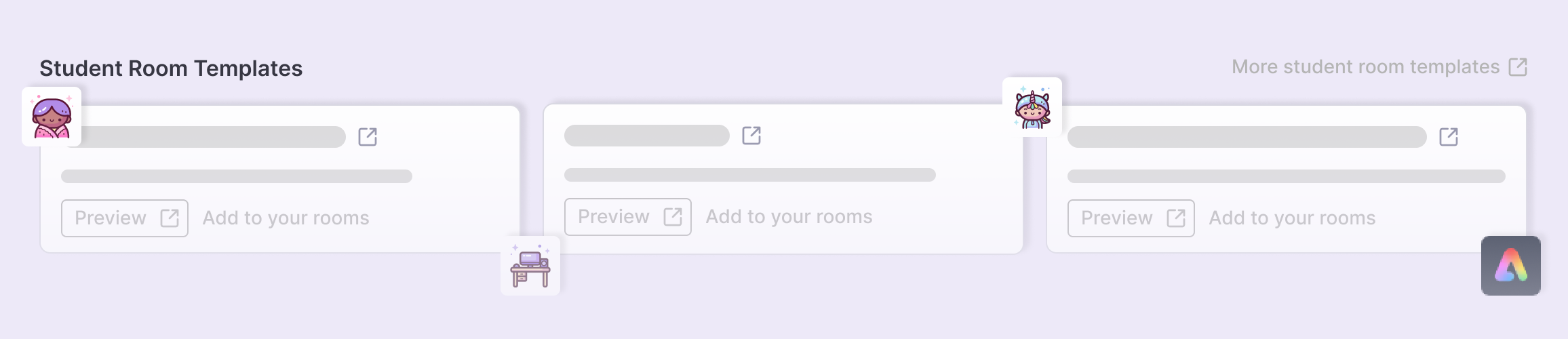 4 MagicSchool tool icons and 3 stylized graphics of the MagicStudent student room feature