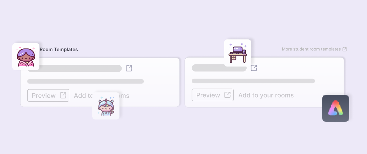 4 MagicSchool tool icons and 3 stylized graphics of the MagicStudent student room feature
