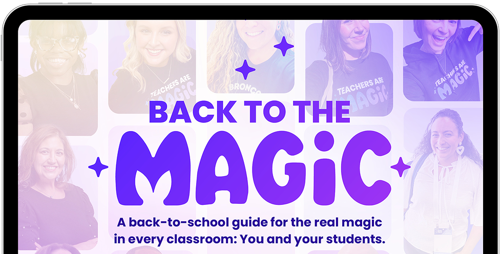 Top half of a laptop screen. Background of images of teachers. Text: Back to the Magic: a back-to-school guide for the real magic in every classroom: You and your students.