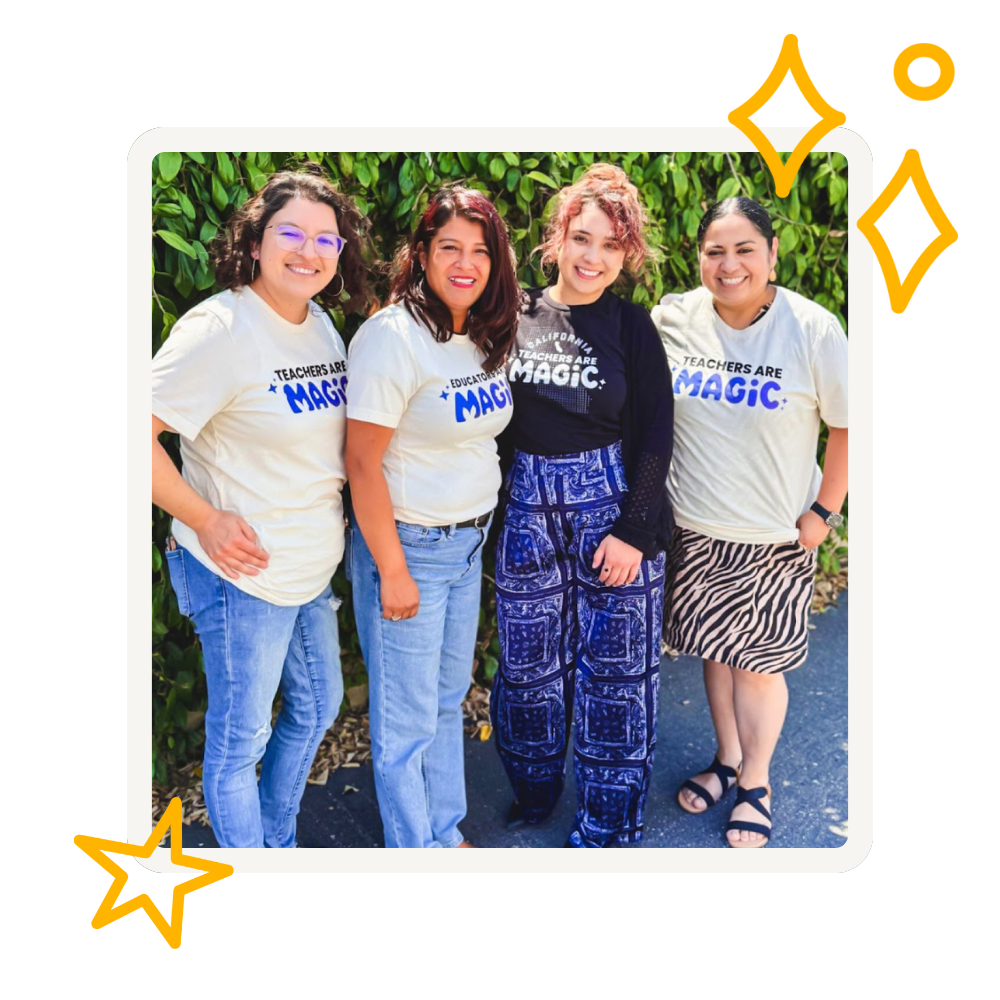 4 teachers wearing Teachers Are Magic t-shirts posing in a group