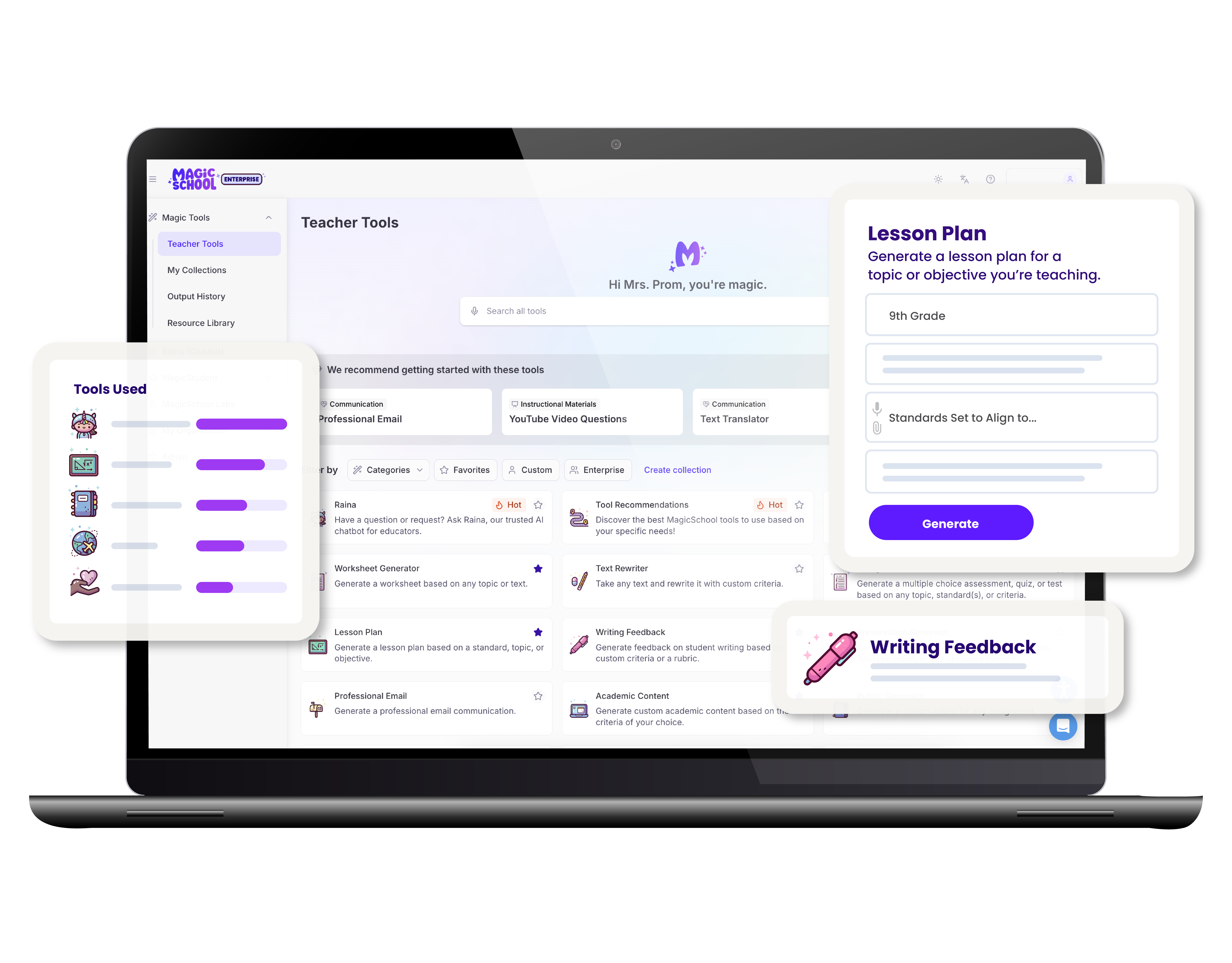 Laptop with MagicSchool app open and stylized graphics of lesson plan tool, writing feedback tool, and tools used reporting.