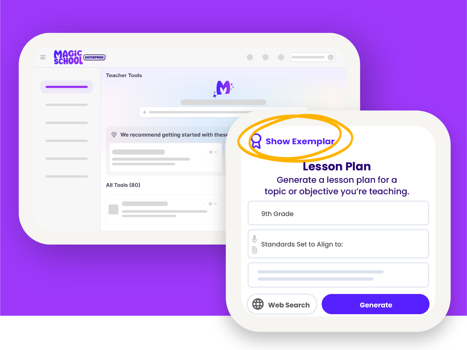 Stylized version of the MagicSchool app dashboard and the Lesson Plan tool, highlighting the 'show exemplar' feature
