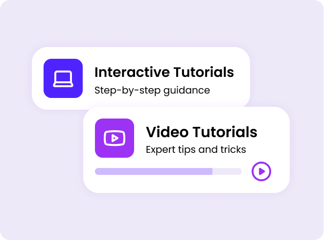 Graphic with a light purple background and two cards showing Interactive Tutorials and Video Tutorials