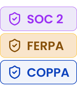 Graphic of 3 cards showing shield icons for SOC 2, FERPA, COPPA