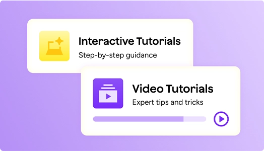 Two stylized card graphics for Interactive Tutorials (step-by-step guidance) and Video Tutorial (expert tips and tricks), communicating MagicSchool's professional development offerings.