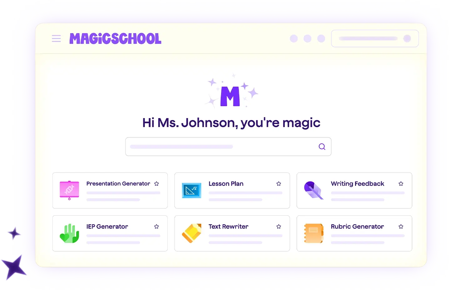 Stylized graphic of the MagicSchool platform homepage, showing a welcome message, search bar, and popular AI tools that are available to use, including: presentation generator, lesson plan, writing feedback, and more. 