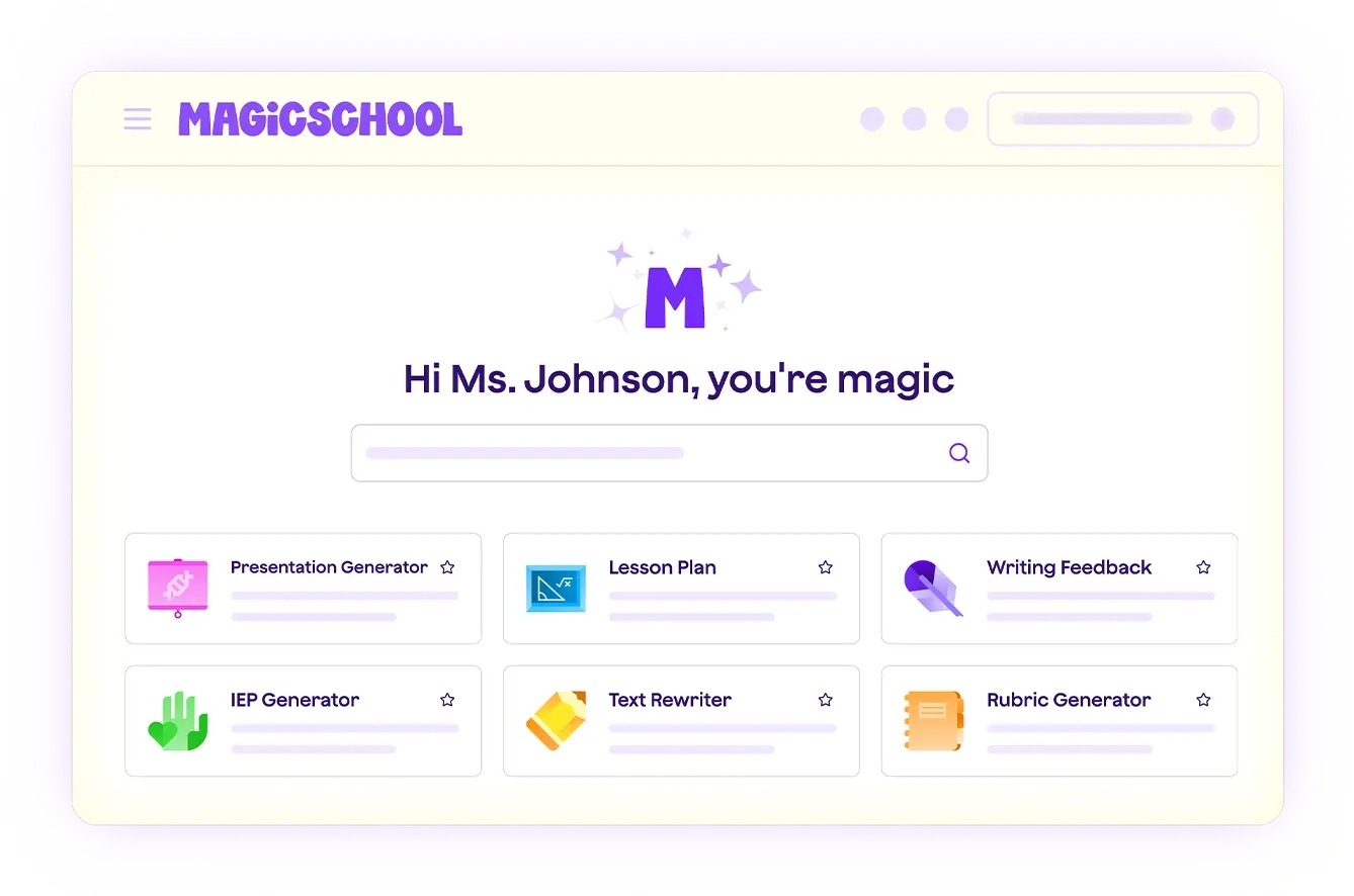 Stylized graphic of the MagicSchool platform homepage, showing a welcome message, search bar, and popular AI tools that are available to use, including: presentation generator, lesson plan, writing feedback, and more. 