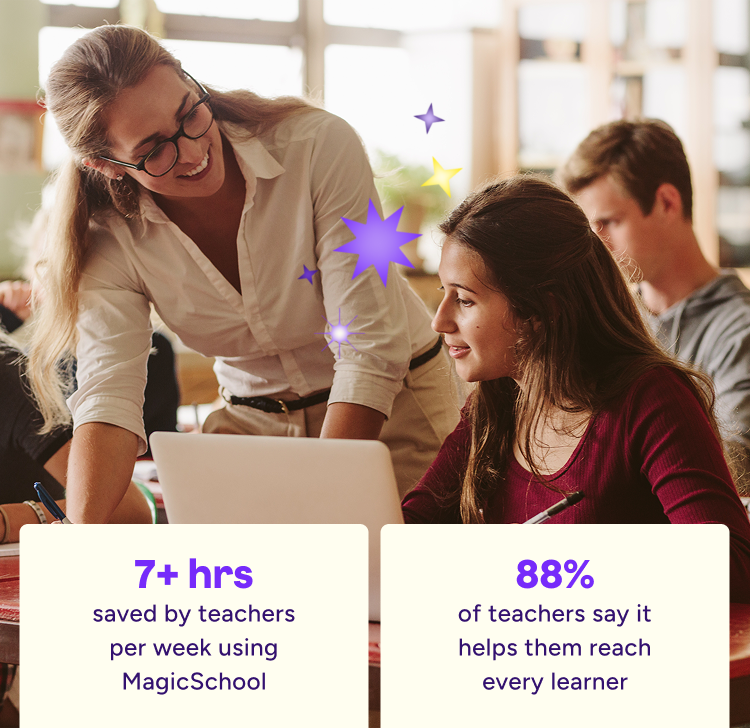 A teacher leans over a student’s desk, smiling as they look at a laptop together in a classroom. Other students work in the background