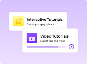 Graphic with a light purple background and two cards showing Interactive Tutorials and Video Tutorials