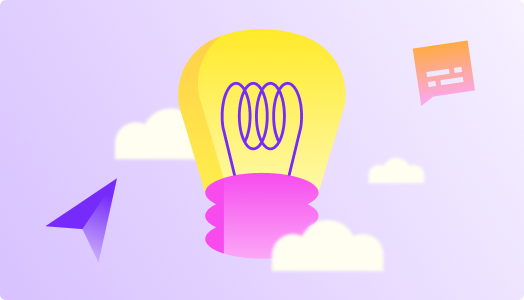 Illustration of a glowing yellow light bulb with a pink base floating in a soft purple sky, surrounded by clouds and abstract icons, representing ideas, creativity, and AI professional development for teachers through modern, supportive technology.