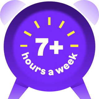 Illustration of a purple alarm clock icon labeled “7+ hours a week.”