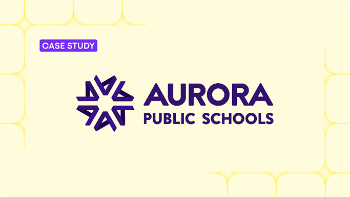 Yellow background with Aurora Public Schools logo overlaid and a purple rectangular callouts for 'Case Study'.