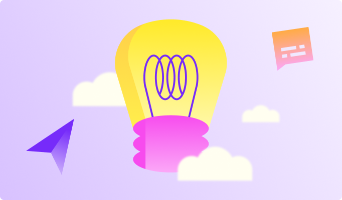 Illustration of a glowing yellow light bulb with a pink base floating in a soft purple sky, surrounded by clouds and abstract icons, representing ideas, creativity, and AI professional development for teachers through modern, supportive technology.
