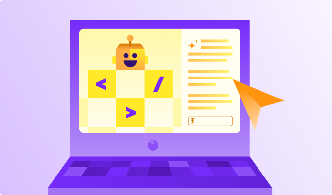 Illustration of a laptop displaying a friendly AI robot and coding-style symbols, with text content on screen and a paper airplane graphic, representing AI-powered tools for creating and sharing educational content.