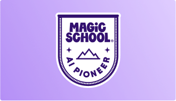 Purple badge reading “MagicSchool AI Pioneer,” featuring a shield and mountain icon, representing leadership and innovation in AI-powered education.