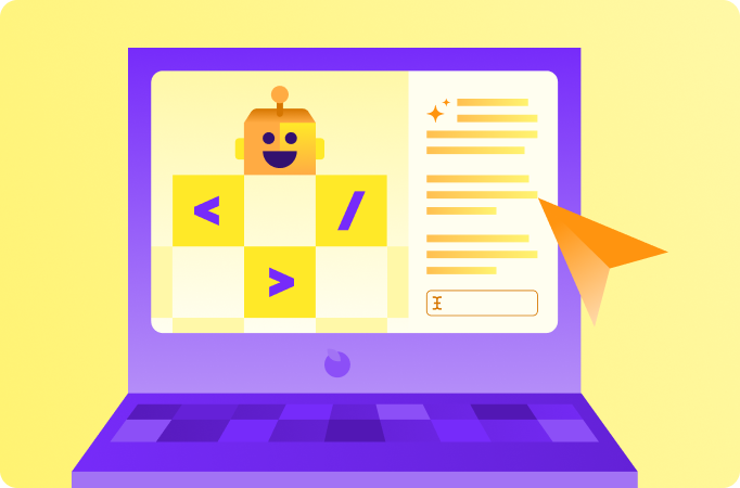 Illustration of a laptop displaying a friendly AI robot and coding-style symbols, with text content on screen and a paper airplane graphic, representing AI-powered tools for creating and sharing educational content.