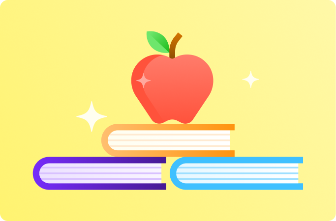 Illustration of an apple resting on a stack of books, symbolizing learning, education, and academic growth.