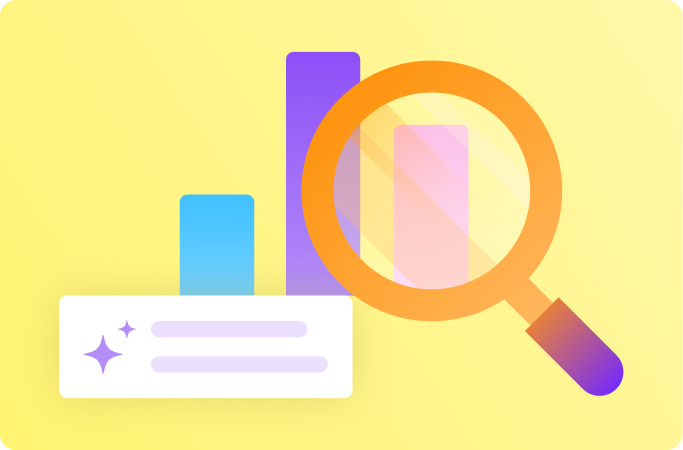 Illustration of a magnifying glass over bar charts and a highlighted content card, representing data analysis, insights, and AI-powered review of educational information.