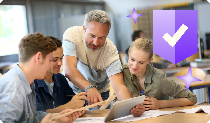 Teacher collaborating with students around a tablet in a classroom, with a checkmark icon symbolizing safe, approved, or guided learning.