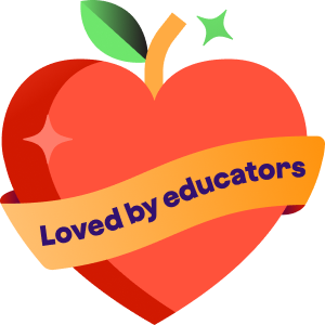 Illustration of a red, heart shaped apple with a banner across the middle that reads 'Loved by educators'