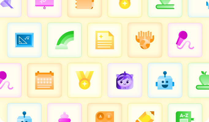 Grid of colorful icons representing teacher AI tools, with accompanying text highlighting access to over 80 tools designed to support instruction.