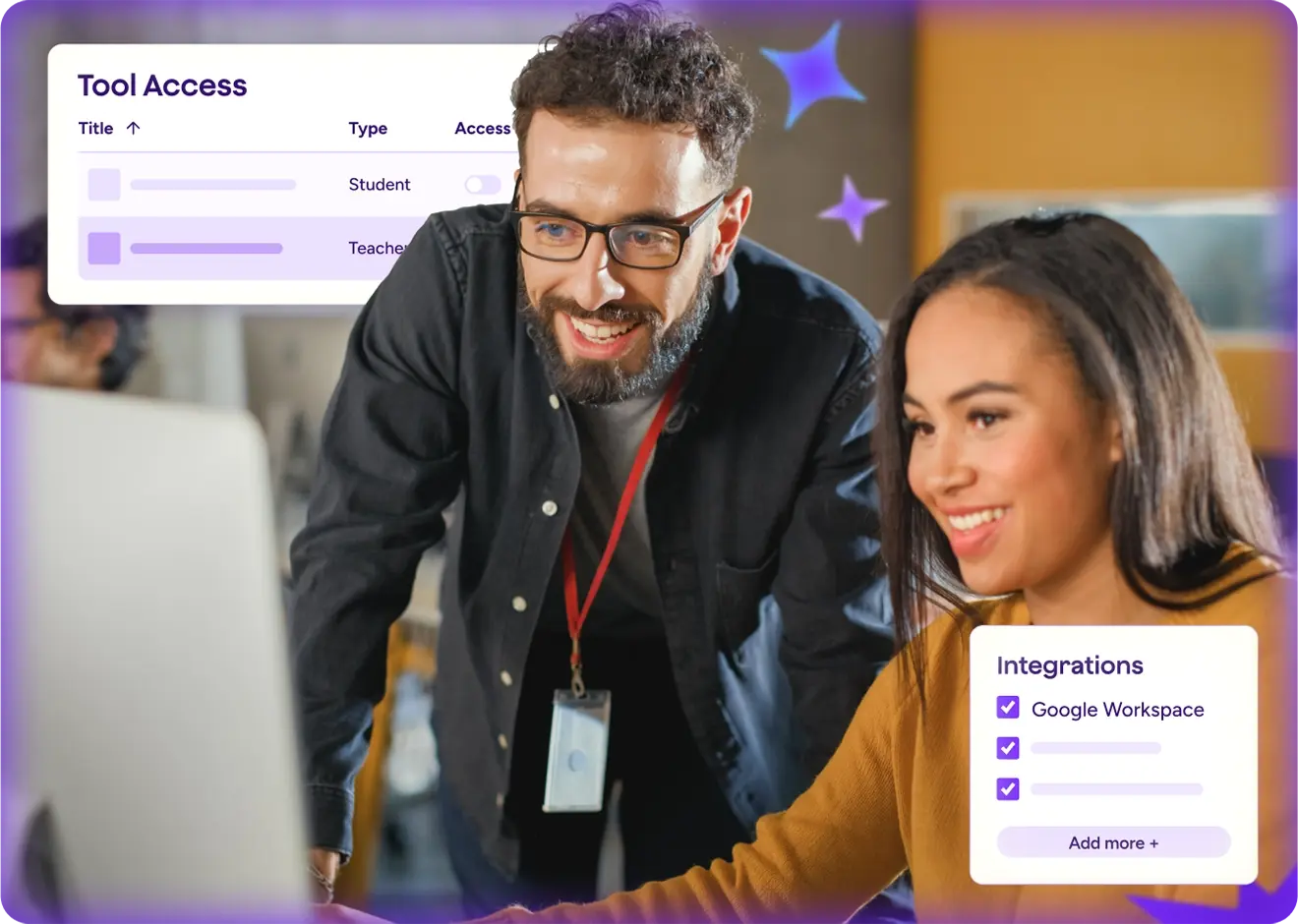 Teacher and colleague smiling while reviewing content on a computer, with on-screen UI showing tool access roles and Google Workspace integrations.