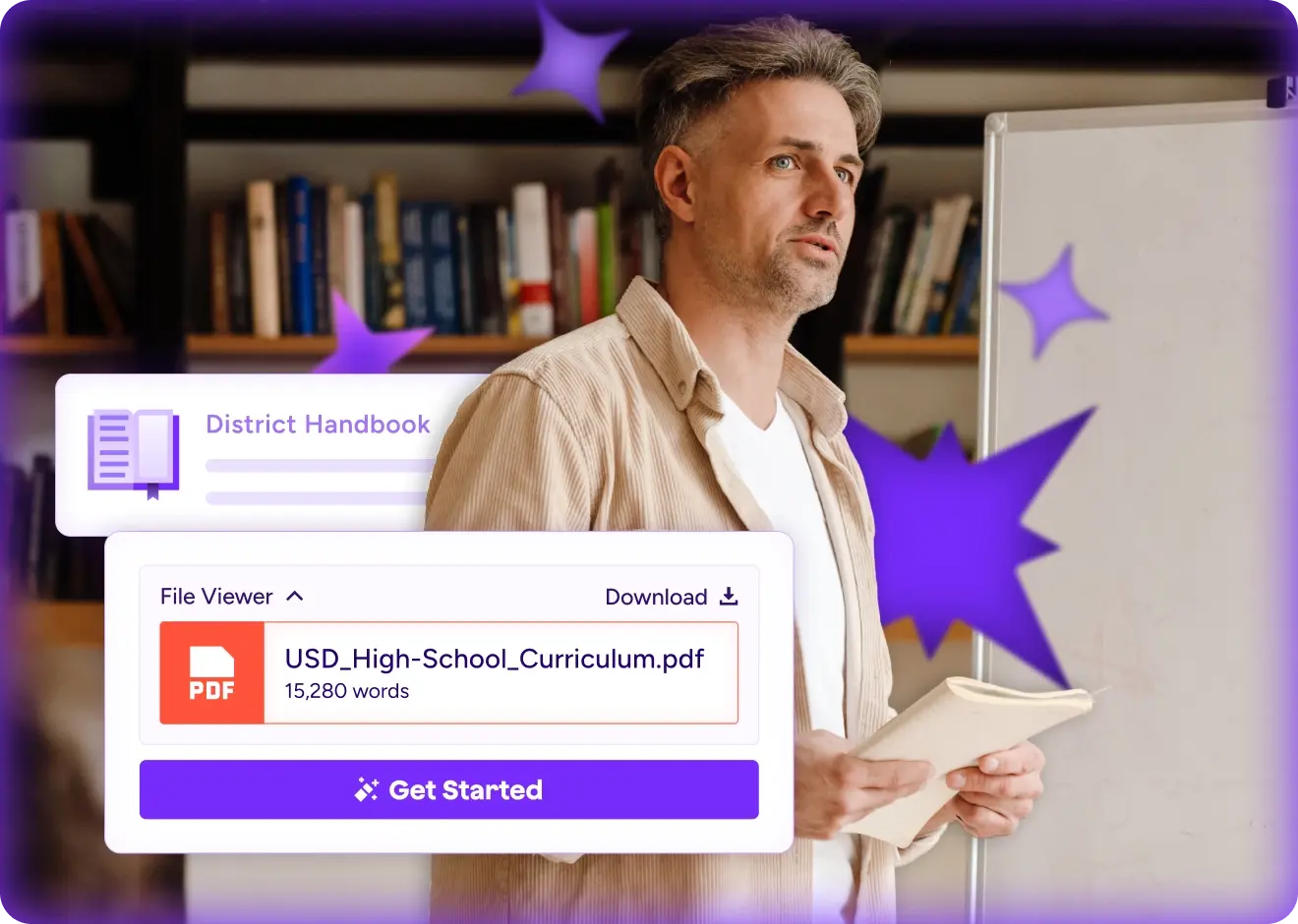 Teacher standing in a classroom holding papers overlaid with stylized graphics of a district handbook and high school curriculum that can be uploaded to the MagicSchool platform to ensure aligned instruction.
