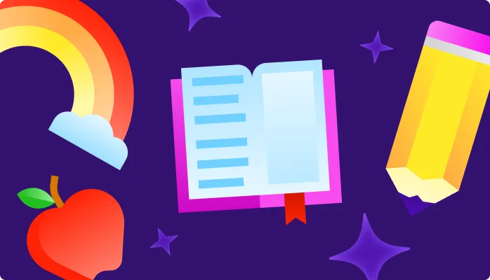 Illustrated icons of a book, pencil, apple, and rainbow representing education case studies.